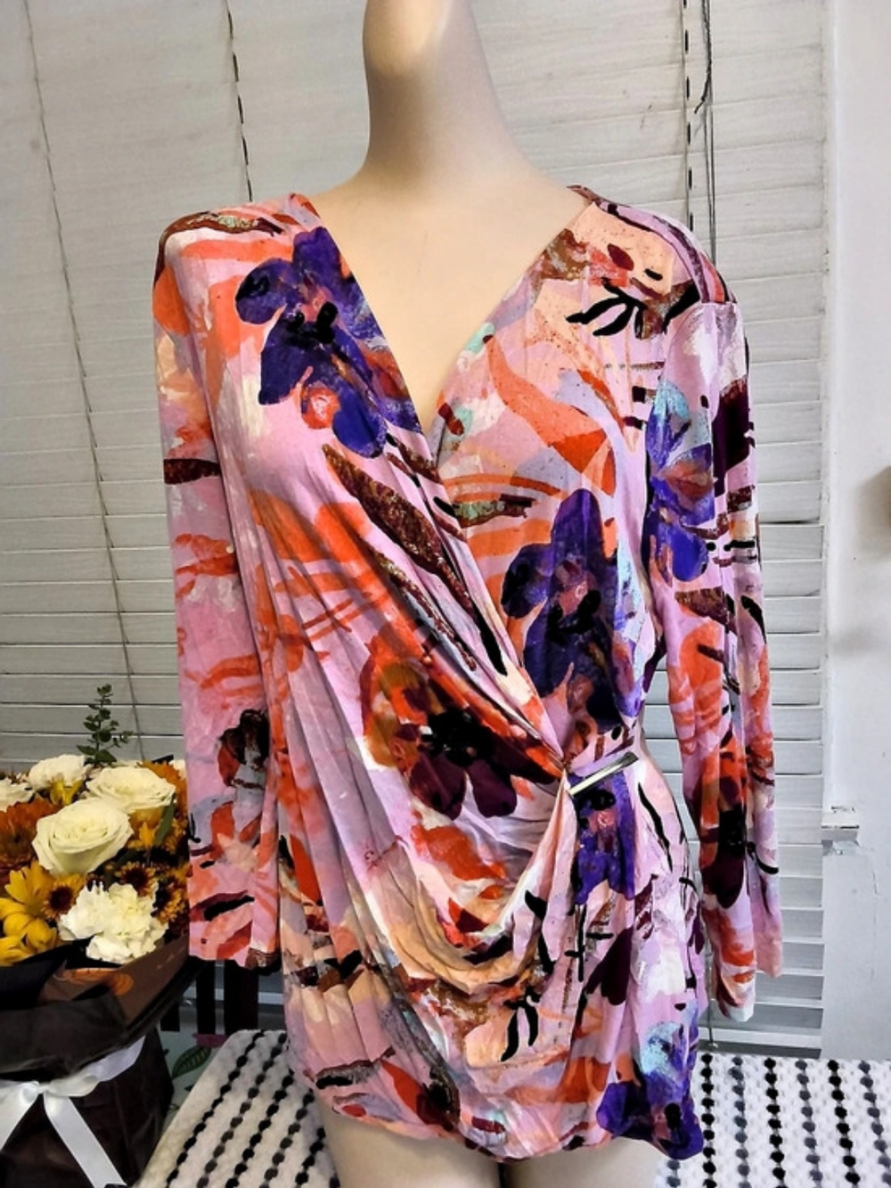 Calvin Klein Abstract Floral Long Sleeve Blouse in Pink & Purple